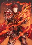  armor closed_mouth fire granblue_fantasy hair_slicked_back holding holding_weapon male_focus percival_(granblue_fantasy) red red_eyes smile solo sword weapon zinnkousai3850 