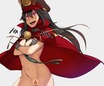 :d black_hair breasts cape censored cleavage crossed_arms family_crest fate/grand_order fate_(series) gloves hat koha-ace kurowa long_hair medium_breasts naked_cape navel no_bra no_panties novelty_censor nude oda_nobunaga_(fate) oda_uri open_mouth red_eyes shako_cap simple_background smile solo teeth tongue 