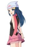  blue_eyes blue_hair hat hikari_(pokemon) long_hair looking_at_viewer open_mouth pink_skirt pokemon pokemon_(game) pokemon_dppt simple_background skirt solo white_background yukikan 