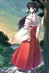  blue_eyes blue_hair forest japanese_clothes long_hair long_sleeves looking_away miko nature open_mouth original ponytail ribbon-trimmed_sleeves ribbon_trim sandals smile solo sunset tied_hair tree uchiu_kazuma wide_sleeves 