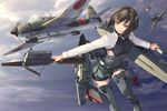  aircraft airplane b7a_ryuusei bike_shorts bow_(weapon) breasts brown_eyes brown_hair cloud commentary_request crossbow day flying green_skirt headband headgear holding holding_weapon kantai_collection machinery propeller remodel_(kantai_collection) rigging rokuwata_tomoe short_hair shorts shorts_under_skirt sideboob skirt sky small_breasts solo_focus taihou_(kantai_collection) thighhighs torpedo weapon 