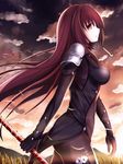  bodysuit breasts fate/grand_order fate_(series) from_side large_breasts long_hair polearm purple_bodysuit purple_hair red_eyes scathach_(fate)_(all) scathach_(fate/grand_order) sky solo weapon xyomouse 