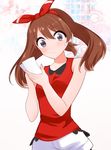  bad_id bad_pixiv_id black_eyes brown_hair hair_ribbon haruka_(pokemon) highres long_hair pokemon pokemon_(game) pokemon_oras red_ribbon ribbon shorts solo sweatdrop white_shorts yuihiko 