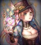  ao+beni blue_eyes breasts brown_hair cleavage gears green_eyes hat hat_feather long_hair medium_breasts monocle original solo steampunk upper_body 