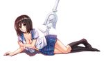  arm_support black_hair black_legwear blue_skirt breasts cleavage collarbone eyebrows eyebrows_visible_through_hair himeragi_yukina kneehighs large_breasts lying on_side open_clothes open_shirt pleated_skirt polearm saikai_academy_uniform school_uniform shirt simple_background skirt solo spear strike_the_blood veilrain weapon white_background white_shirt yellow_eyes 