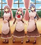  blue_eyes blue_hair brown_eyes brown_hair frills highres long_hair maid maid_headdress multiple_girls original pink_hair red_eyes short_hair twintails urara_(sumairuclover) 