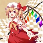  :d bad_id bad_pixiv_id blonde_hair dress fang flandre_scarlet hat laevatein looking_at_viewer mob_cap open_mouth pink_eyes puffy_short_sleeves puffy_sleeves red_dress shirt short_sleeves side_ponytail smile solo takehana_note touhou wings wrist_cuffs 