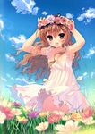  absurdres bare_shoulders brown_hair cloud day dress field flower flower_field grass hair_flower hair_ornament head_wreath highres long_hair purple_eyes santa_matsuri sky smile solo wavy_hair 