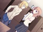  blonde_hair blue_eyes blush bra brown_hair gochuumon_wa_usagi_desu_ka? hair_ornament highres hoto_cocoa kanju kirima_sharo locker locker_room looking_at_viewer multiple_girls no_shirt panties panties_under_pantyhose pantyhose pink_bra pink_panties polka_dot polka_dot_bra purple_eyes short_hair sweater underwear undressing 