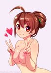  ahoge breasts brown_hair bun_bun_(neocoill) cleavage double_v hair_bun heart large_breasts looking_at_viewer neocoill nipples nude original smile solo v watermark web_address 