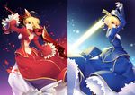  aestus_estus ahoge artoria_pendragon_(all) back_cutout blonde_hair breasts cleavage_cutout dress epaulettes excalibur fate/extra fate/stay_night fate_(series) frilled_sleeves frills glowing glowing_sword glowing_weapon green_eyes hair_intakes hair_ribbon juliet_sleeves light_particles long_sleeves medium_breasts multiple_girls nero_claudius_(fate) nero_claudius_(fate)_(all) petals puffy_sleeves ribbon saber see-through short_hair smile split_screen sword weapon yeruen 