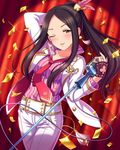  artist_request black_hair blush brown_eyes confetti earrings fingerless_gloves gloves hiiragi_shino idolmaster idolmaster_cinderella_girls jewelry long_hair microphone microphone_stand nail_polish necktie official_art one_eye_closed ponytail ring smile solo vintage_microphone 