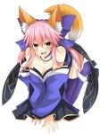 animal_ears bare_shoulders blue_legwear blush bow breasts cleavage detached_sleeves fang fate/extra fate_(series) fox_ears fox_tail hair_bow hair_ribbon highres japanese_clothes komori_kuzuyu large_breasts long_hair open_mouth pink_hair render ribbon solo tail tamamo_(fate)_(all) tamamo_no_mae_(fate) thighhighs transparent_background twintails yellow_eyes 