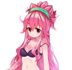  blush bra breasts cleavage commentary_request ephtracy hacka_doll hacka_doll_2 long_hair looking_at_viewer medium_breasts navel pink_eyes pink_hair smile solo strap_slip underwear 