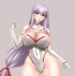  :&lt; bangs bare_shoulders blush breasts cameltoe cleavage clenched_hands closed_mouth covered_navel cowboy_shot detached_collar elbow_gloves enjou_sakuya frown gloves grey_background groin hair_ornament hair_ribbon hairclip hand_up head_tilt highleg highleg_leotard hips huge_breasts leotard long_hair looking_at_viewer low-tied_long_hair original purple_eyes ribbon rindou_(radical_dream) shiny shiny_clothes shiny_skin sideboob sidelocks silver_hair simple_background solo strapless strapless_leotard thick_thighs thighhighs thighs thong_leotard turtleneck v-shaped_eyebrows very_long_hair white_gloves white_legwear wide_hips x_hair_ornament 