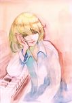  absurdres allan_twilight androgynous anmonaito blonde_hair bob_cut chin_rest commentary_request graphite_(medium) green_eyes highres instrument long_sleeves male_focus piano poe_no_ichizoku portrait puffy_long_sleeves puffy_sleeves solo traditional_media watercolor_(medium) 