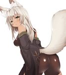  animal_ear_fluff animal_ears ass bad_id bad_nicoseiga_id bike_shorts blush breasts brown_eyes eyebrows fox_ears fox_tail japanese_clothes looking_at_viewer looking_back medium_breasts mofuaki original silver_hair simple_background solo tail thick_eyebrows white_background 