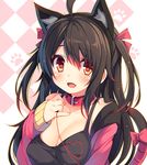  ahoge animal_ears bangs black_hair black_shirt blush bow breasts camisole cat_ears cat_tail checkered checkered_background chiri_(atlanta) cleavage collar collarbone commentary_request dog_collar extra_ears fang hair_between_eyes hair_ribbon hand_on_own_chest heart heart_of_string jacket kemonomimi_mode long_hair looking_at_viewer medium_breasts meina_(atlanta) off_shoulder open_clothes open_jacket open_mouth original paw_print pink_bow pink_jacket pink_ribbon pinky_out red_string ribbon shirt sleeves_past_wrists smile solo string tail tail_ribbon taut_clothes two_side_up upper_body 