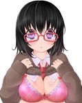  between_breasts black_hair blush bra breasts clothes_lift colorized glasses highres kou_mashiro large_breasts lifted_by_self mole mole_on_breast necktie necktie_between_breasts original purple_eyes shirt_lift short_hair simple_background solo sweater sweater_lift tsuruoka_masayoshi_to_junjou_romantica_2 underwear white_background 