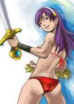  athena_(series) bikini breasts commentary_request hairband highres long_hair medium_breasts mimiyama_kiichi princess_athena purple_hair red_bikini shield snk solo swimsuit sword weapon 