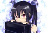  bare_shoulders black_hair blush game_console hair_ornament highres long_hair neptune_(series) noire normaland peeking peeking_out playstation_4 red_eyes ribbon smile solo twintails 