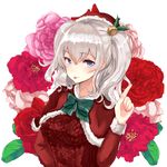  :p aran_sweater bad_id bad_pixiv_id bell blue_eyes capelet chiune_(yachi) flower hair_bell hair_ornament hat highres index_finger_raised kantai_collection kashima_(kantai_collection) long_hair red_capelet santa_costume santa_hat silver_hair smile solo sweater tongue tongue_out twintails wavy_hair 