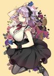  amatouoda arm_up bare_shoulders black_flower black_footwear black_legwear black_rose black_skirt blue_eyes breasts buttons center_frills dagashi_kashi floral_background flower hairband holding large_breasts leg_up loafers mouth_hold one_eye_closed package pantyhose purple_hair red_ribbon ribbon rose running shidare_hotaru shirt shoes short_hair sidelocks simple_background skirt sleeveless sleeveless_shirt solo suspenders tulip underbust white_shirt wrist_cuffs yellow_background 