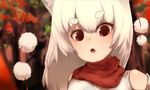  :o alternate_hair_length alternate_hairstyle animal_ears blush detached_sleeves eyebrows fang inubashiri_momiji long_hair looking_at_viewer natsume-same open_mouth pom_pom_(clothes) red_eyes scarf short_eyebrows solo thick_eyebrows touhou upper_body white_hair wolf_ears 