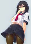  black_hair black_legwear blue_eyes blush crotch_seam highres kanata_(kanata_onion) long_hair looking_at_viewer original panties panties_under_pantyhose pantyhose pantyshot school_uniform serafuku skirt solo underwear 