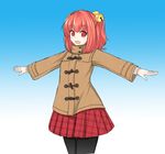  :d bell blush coat commentary contemporary ganmaganmo hair_bell hair_ornament highres jingle_bell looking_at_viewer motoori_kosuzu open_mouth outstretched_arms pantyhose plaid plaid_skirt red_eyes red_hair skirt smile solo touhou two_side_up 