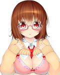  between_breasts blush bra breasts brown_hair clothes_lift colorized glasses highres kkmm_0216 large_breasts lifted_by_self mole mole_on_breast shirt_lift short_hair simple_background solo sweater sweater_lift underwear white_background 
