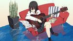  1girl black_hair black_legwear bottle brown_eyes couch crossed_legs dress_shirt guitar hitogome instrument legs_crossed loafers long_sleeves original plaid plaid_skirt plant playing_instrument potted_plant school_uniform sheet_music shirt shoes sitting sketch skirt socks sweatdrop water water_bottle 