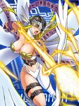  aiming angel_wings angewomon arrow asymmetrical_clothes blonde_hair bow_(weapon) breasts cleavage covered_eyes digimon drawing_bow helmet holding holding_arrow holding_bow_(weapon) holding_weapon huge_breasts lowres official_art open_mouth outstretched_arm solo weapon wings 