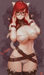  alternate_costume animal_ears belt black-framed_eyewear breasts cat_ears cat_tail cleavage facial_mark glasses green_eyes highres huge_breasts instant_ip katarina_du_couteau kitty_cat_katarina league_of_legends long_hair looking_at_viewer midriff navel red_hair scar signature skindentation solo tail 