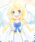  :d aqua_eyes bad_id bad_pixiv_id blonde_hair bow commentary_request firo_(tate_no_yuusha_no_nariagari) kopipako long_hair open_mouth smile solo tate_no_yuusha_no_nariagari white_wings wings 