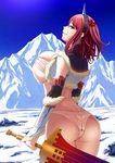  alternate_costume ass back backlighting breasts cowboy_shot crotch_seam day from_behind hair_bobbles hair_ornament half-closed_eyes highres holding holding_sword holding_weapon horn huge_breasts kirin_(armor) left-handed looking_at_viewer looking_back monster_hunter mountain nipples no_pants onozuka_komachi panties red_eyes red_hair sarashi short_hair skindentation snow solo sunlight sword thighs touhou two_side_up underwear vol.7 weapon weapon_request white_panties 