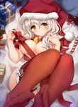  alpha_(alpha91) bad_id bad_pixiv_id bell blush bow box breasts candy candy_cane christmas feet food fur_trim gift gift_box glint grey_hair hair_censor hat heart heart-shaped_pupils highres jingle_bell large_breasts long_hair looking_at_viewer lying on_back original panties red_legwear red_panties ribbon santa_hat smile solo star symbol-shaped_pupils thighhighs underwear yellow_eyes 