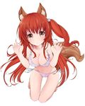  :o animal_ears bikini breasts brown_eyes claw_pose cleavage collarbone colorized full_body highres kneeling kou_mashiro large_breasts long_hair looking_at_viewer pinako_(3357633) purple_bikini red_hair side-tie_bikini side_ponytail simple_background solo swimsuit tail thigh_gap v-shaped_eyebrows very_long_hair white_background wolf_ears wolf_tail 
