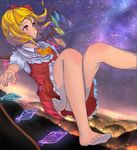  ascot barefoot blonde_hair bow city_lights feet flandre_scarlet flying frilled_skirt frills hill kuuran_(mmeno) looking_away midair night night_sky outstretched_arm red_eyes ribbon shooting_star short_hair short_sleeves side_ponytail skirt sky solo star_(sky) starry_sky touhou triangle_mouth upskirt wings 