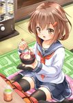  black_legwear blue_skirt brown_eyes brown_hair chopsticks fang fujishima_shinnosuke hair_ornament hairclip ikazuchi_(kantai_collection) indoors kantai_collection kotatsu long_sleeves neckerchief open_mouth pleated_skirt red_neckwear school_uniform serafuku short_hair sitting skirt solo table thighhighs zettai_ryouiki 