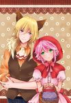  :3 ahoge amami_reiko animal_ears basket big_bad_wolf big_bad_wolf_(cosplay) big_bad_wolf_(grimm) blonde_hair blue_eyes blue_hair blush cosplay crossdressing ensemble_stars! green_eyes grimm's_fairy_tales highres himemiya_touri hood little_red_riding_hood little_red_riding_hood_(grimm) little_red_riding_hood_(grimm)_(cosplay) male_focus multiple_boys otoko_no_ko pink_hair sidelocks smile tenshouin_eichi wolf_ears 