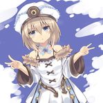  absurdres bare_shoulders blanc blue_eyes blush brown_hair cloud coat double_v hat highres looking_at_viewer neptune_(series) normaland open_mouth ribbon short_hair solo v 