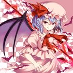  bad_id bad_pixiv_id bat bat_wings dress fang fang_out hat hat_ribbon lavender_hair looking_at_viewer mob_cap pink_dress puffy_short_sleeves puffy_sleeves red_eyes remilia_scarlet ribbon short_sleeves smile solo spear_the_gungnir takehana_note touhou wings wrist_cuffs 