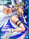  angel_wings angewomon ass asymmetrical_clothes blonde_hair breasts cleavage covered_eyes digimon helmet high_heels large_breasts lowres mismatched_footwear o-ring official_art open_mouth outstretched_arm pointing solo thigh_strap twisted_torso wings 