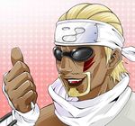  :d beard blonde_hair dark_skin dark_skinned_male facial_hair facial_tattoo fangs forehead_protector hand_up killer_bee kumogakure_symbol lips male_focus melo_(8melo8) naruto naruto_(series) naruto_shippuuden ninja open_mouth pink_background portrait scarf simple_background smile solo sunglasses tattoo thumbs_up white_scarf 