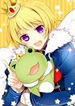  &gt;_o blonde_hair blush crown earrings idolmaster idolmaster_side-m jewelry kaerre male_focus one_eye_closed open_mouth pierre_(idolmaster) purple_eyes smile stuffed_animal stuffed_frog stuffed_toy sumomo_(peach-breath) 