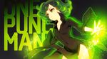  bad_id bad_pixiv_id bangs black_background black_dress cheong_ha copyright_name covered_navel dress flipped_hair glowing green_eyes green_hair long_sleeves looking_at_viewer one-punch_man red_lips short_hair side_slit solo spread_fingers tatsumaki 