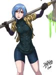  axe bad_id bad_pixiv_id bhm bike_shorts blue_hair borrowed_character commentary_request covered_navel eyes_visible_through_hair gloves hair_over_one_eye inaho_kanfarigu looking_at_viewer open_mouth original red_eyes short_hair slime solo weapon 