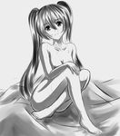  breasts cleavage greyscale hatsune_miku long_hair looking_at_viewer medium_breasts monochrome nipples nude sitting solo twintails veilrain vocaloid wet 