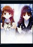  absurdres black_hair blue_eyes brown_eyes brown_hair highres long_hair looking_down looking_up multiple_girls nakamura_takeshi non-web_source ogiso_setsuna snow touma_kazusa white_album_2 winter winter_clothes 